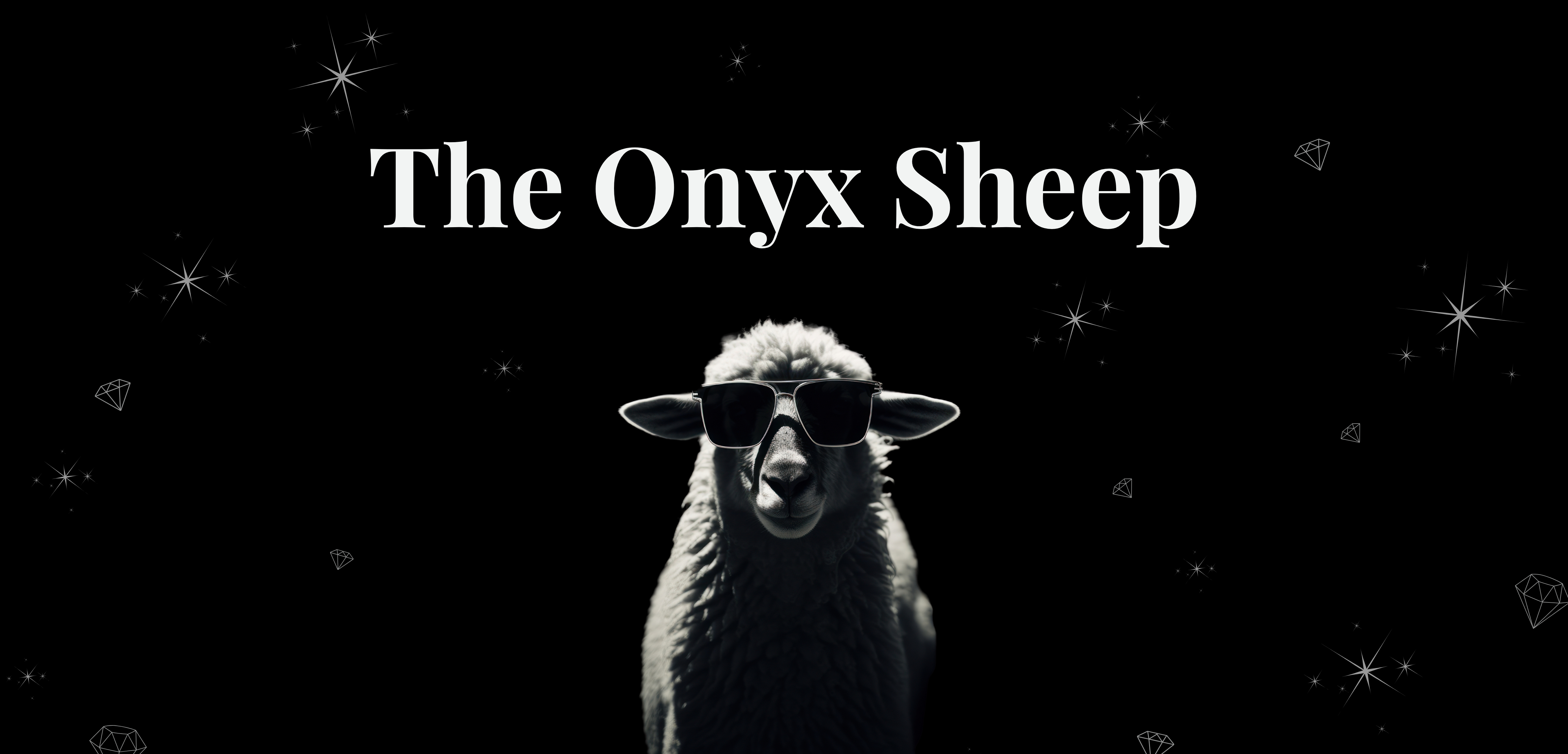 Sheep wearing sunglasses with 'The Onyx Sheep' text on a black background